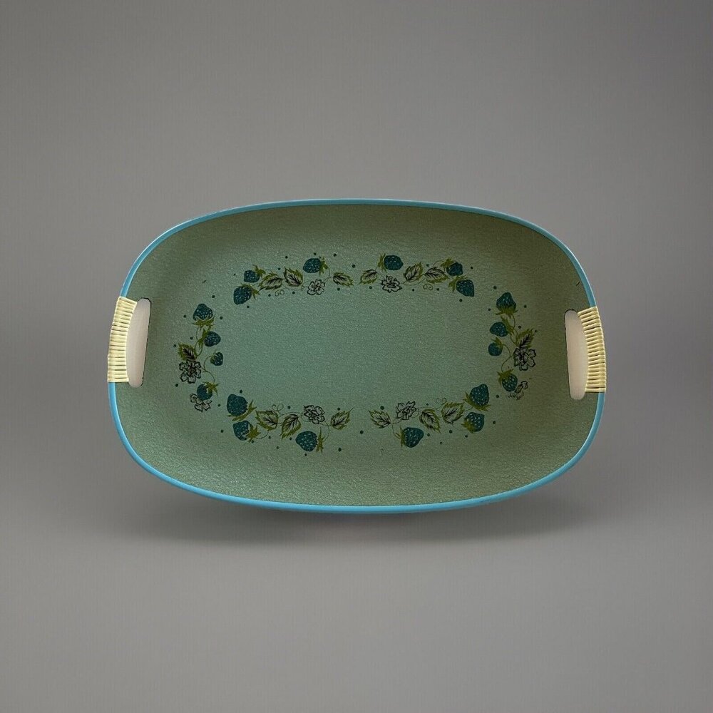 Vintage Mid Century Yanmar Art Decorative Green Tray Japan Blue Strawberries